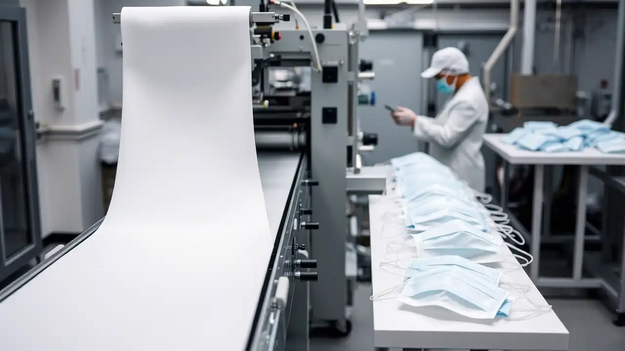 Proses produksi masker menggunakan Bahan Masker non-woven di fasilitas modern