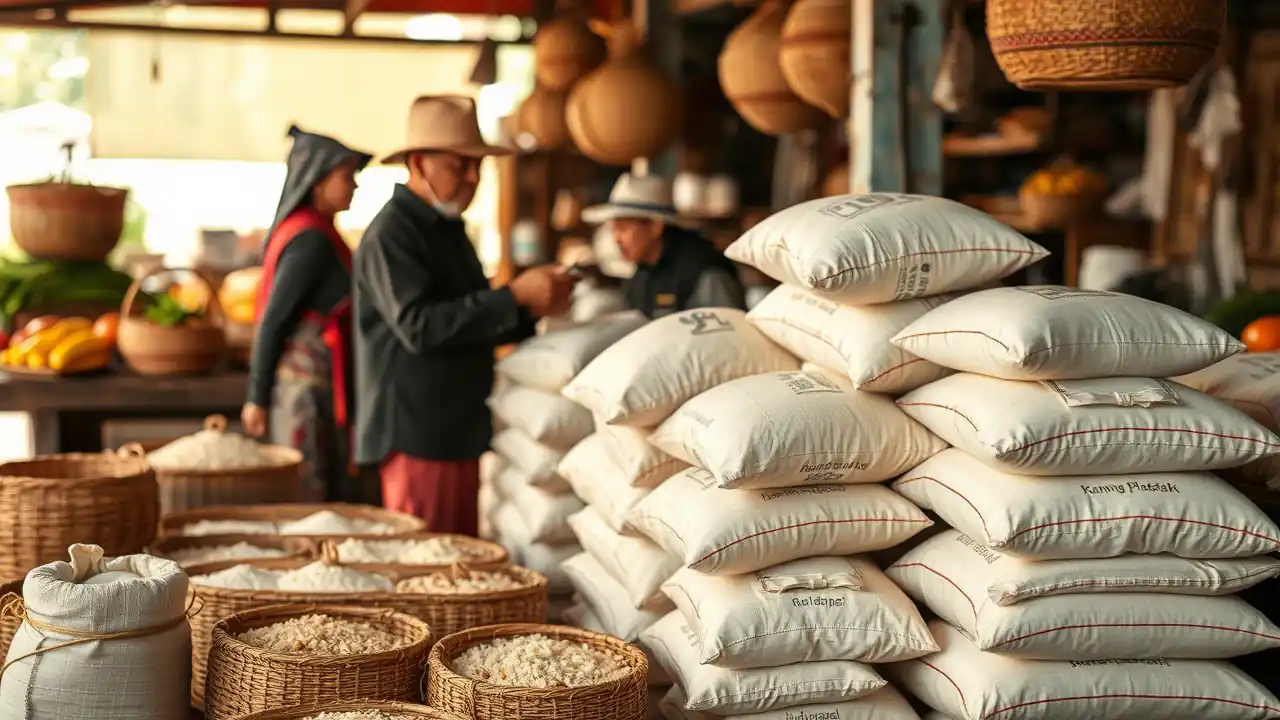 Tumpukan Karung Plastik di pasar tradisional untuk menyimpan biji-bijian