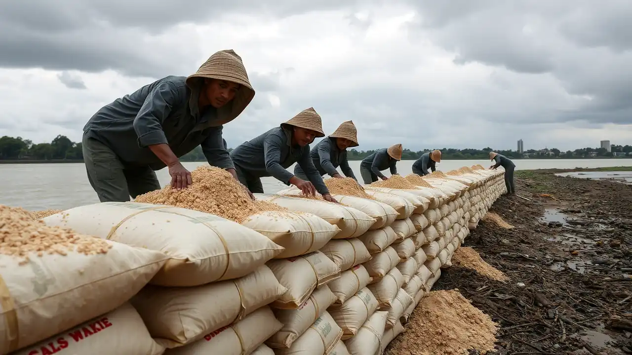 Karung Plastik diisi pasir untuk penghalang banjir di tepi sungai